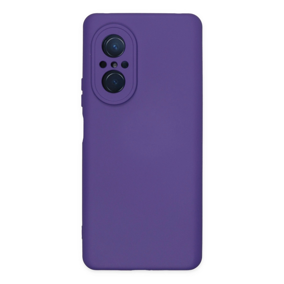 Sol üstte oval kamera kesimli mor telefon kılıfı.
