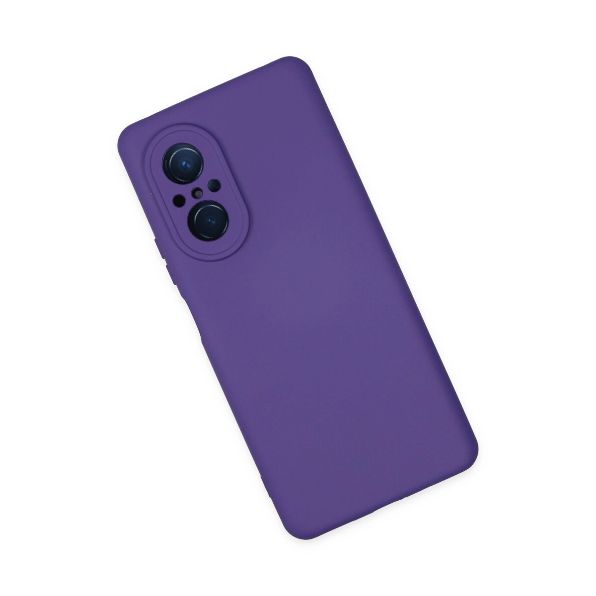 Oval kamera modüllü mor telefon kılıfı, beyaz arka plan üzerinde.