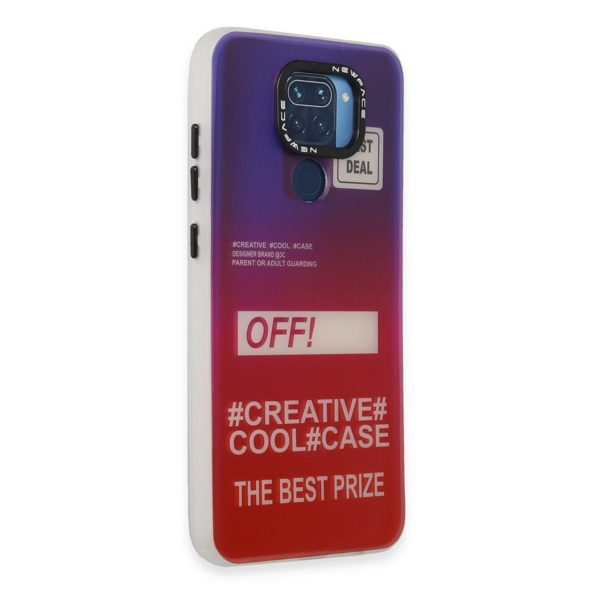 Mor-kırmızı gradyanlı telefon kılıfı, üzerinde 'OFF!' ve 'THE BEST PRIZE' gibi yazılar bulunur.