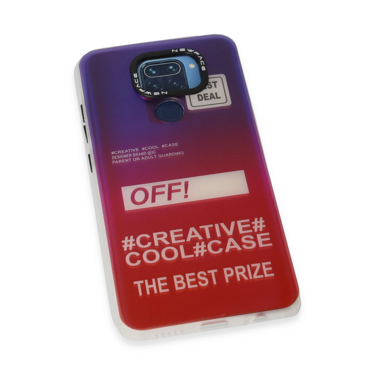 Mor-kırmızı geçişli telefon kılıfı üzerinde "OFF!", "THE BEST PRIZE" yazıları.