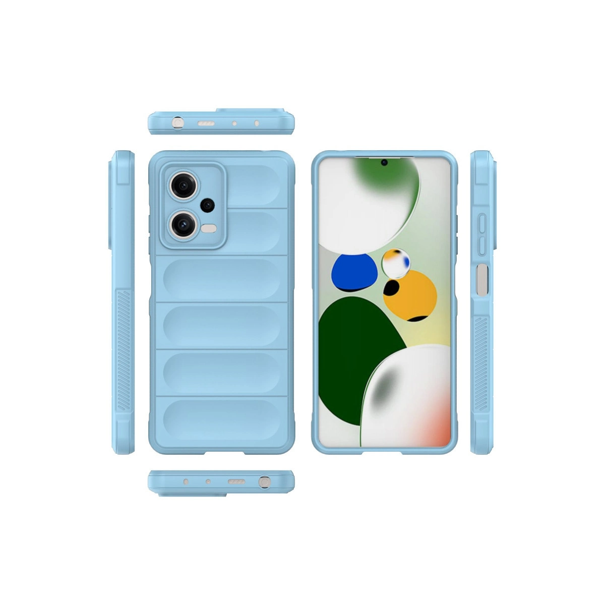 Kanallı dokulu açık mavi telefon kılıfı, ön, arka ve yan görünümleri.