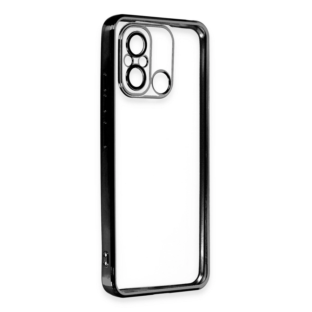 Siyah kenarlı ve kamera kesimli şeffaf telefon kılıfı.