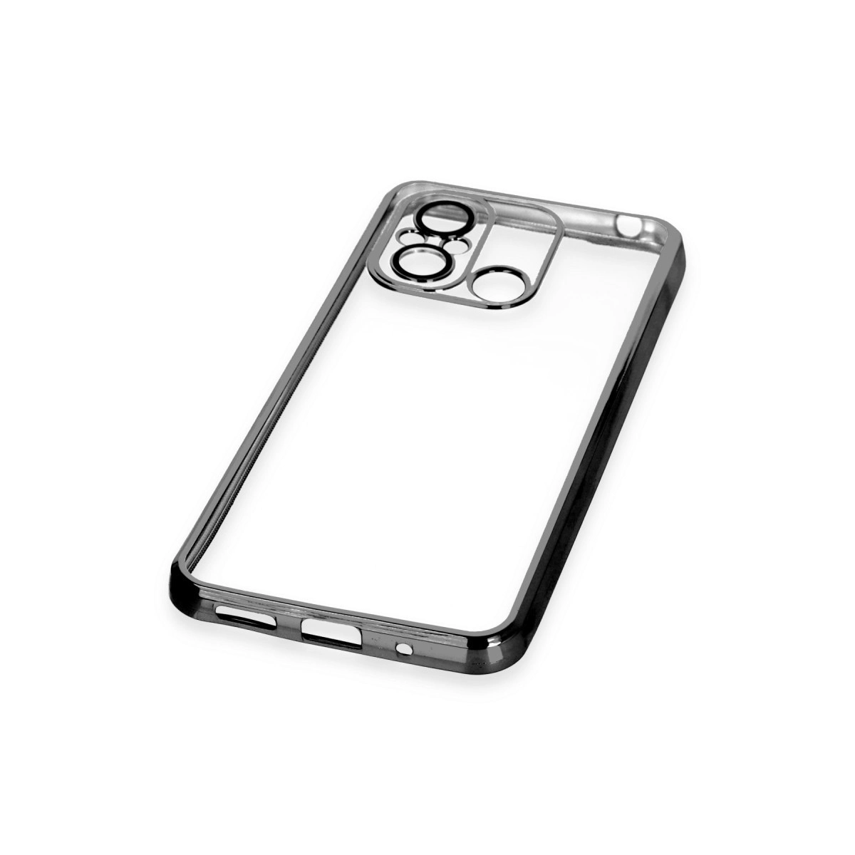 Koyu çerçeveli ve kamera kesimli şeffaf telefon kılıfı.