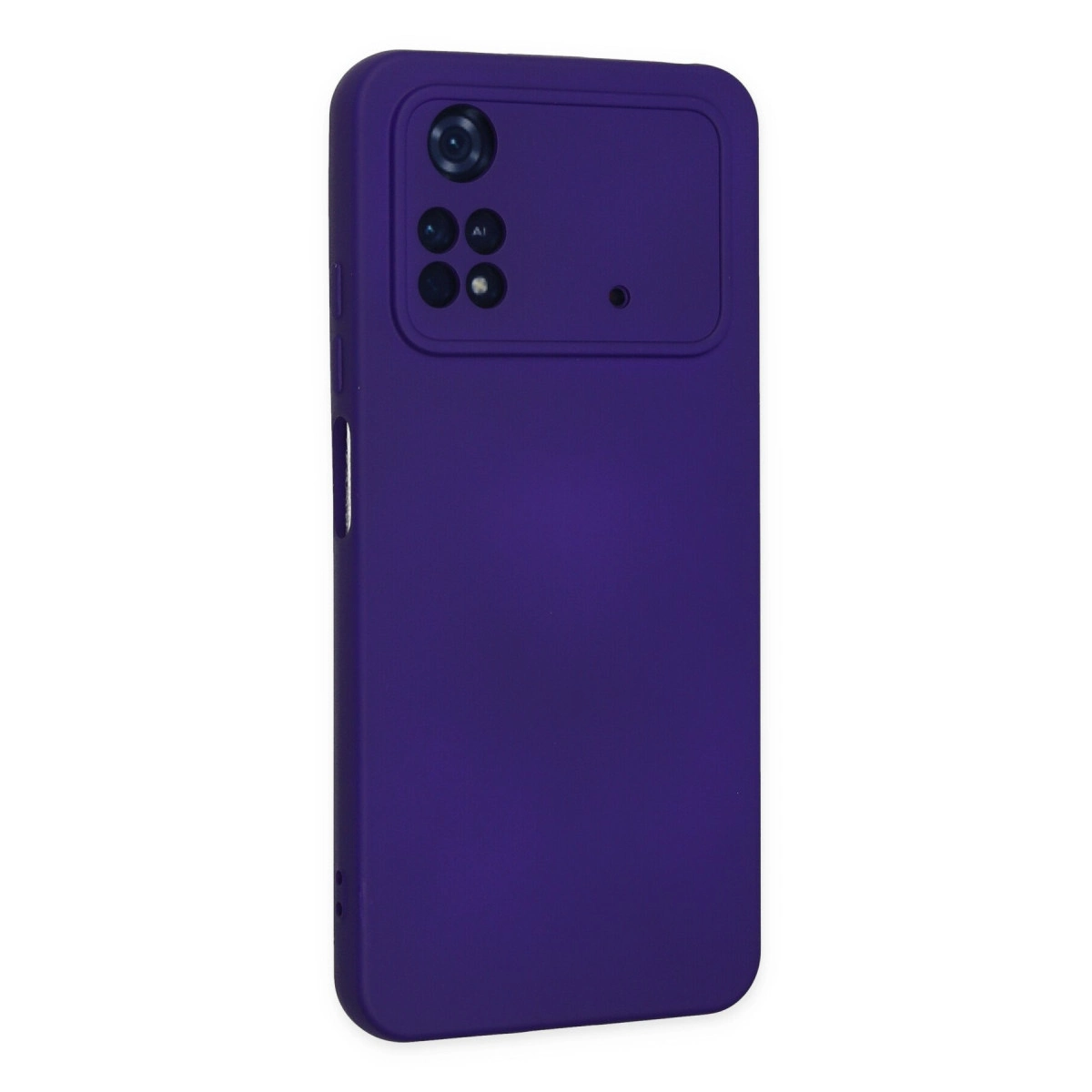 Arka kamera modüllü mor telefon kılıfı. Beyaz üzerinde.