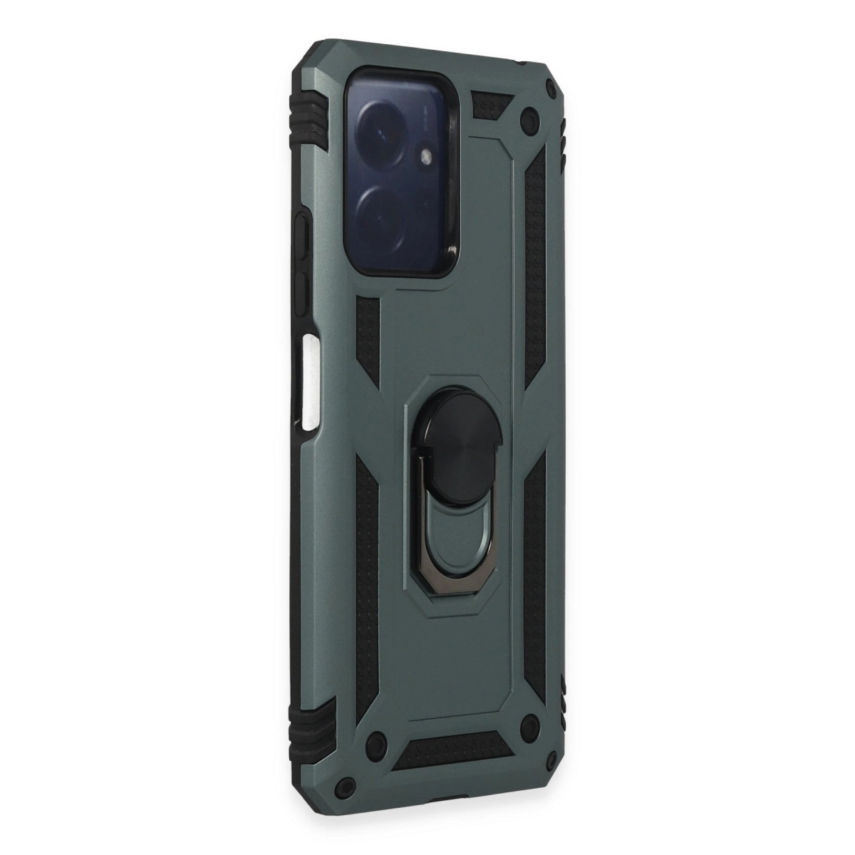 Halka tutuculu koyu gri telefon kılıfı ve kamera modülü.