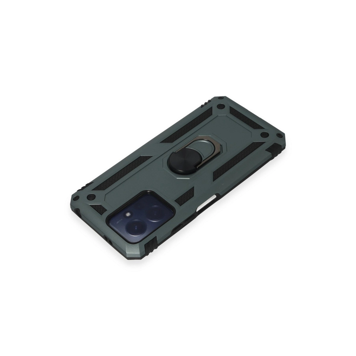 Halka tutuculu ve kamera kesimli koyu gri telefon kılıfı.