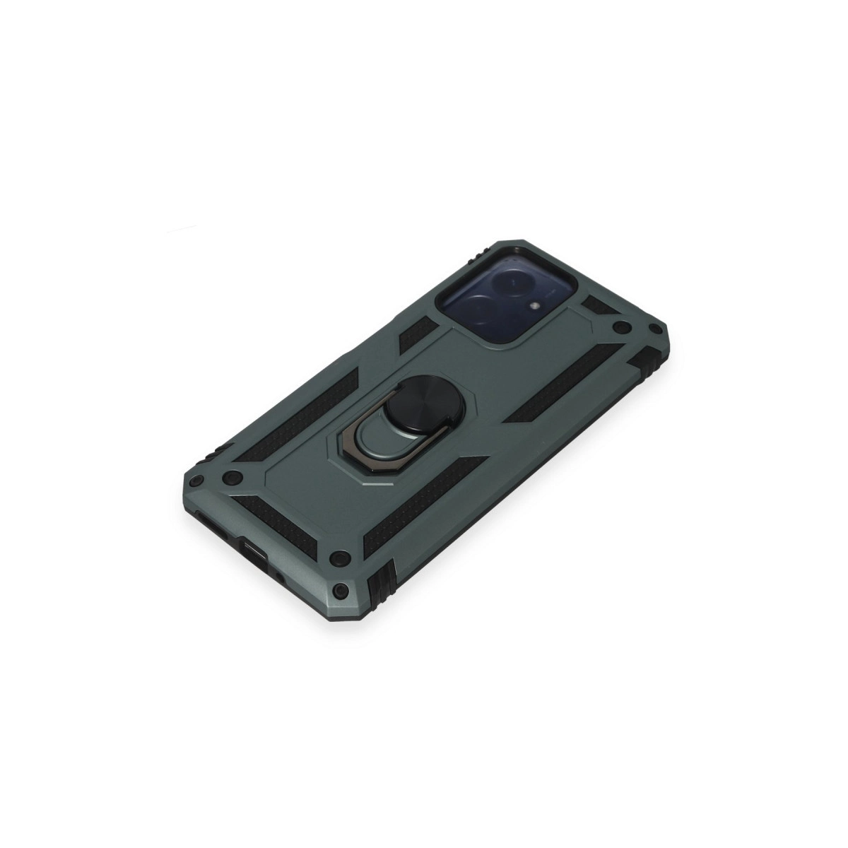 Siyah halka tutuculu, koyu gri telefon kılıfı ve kamera boşluğu.