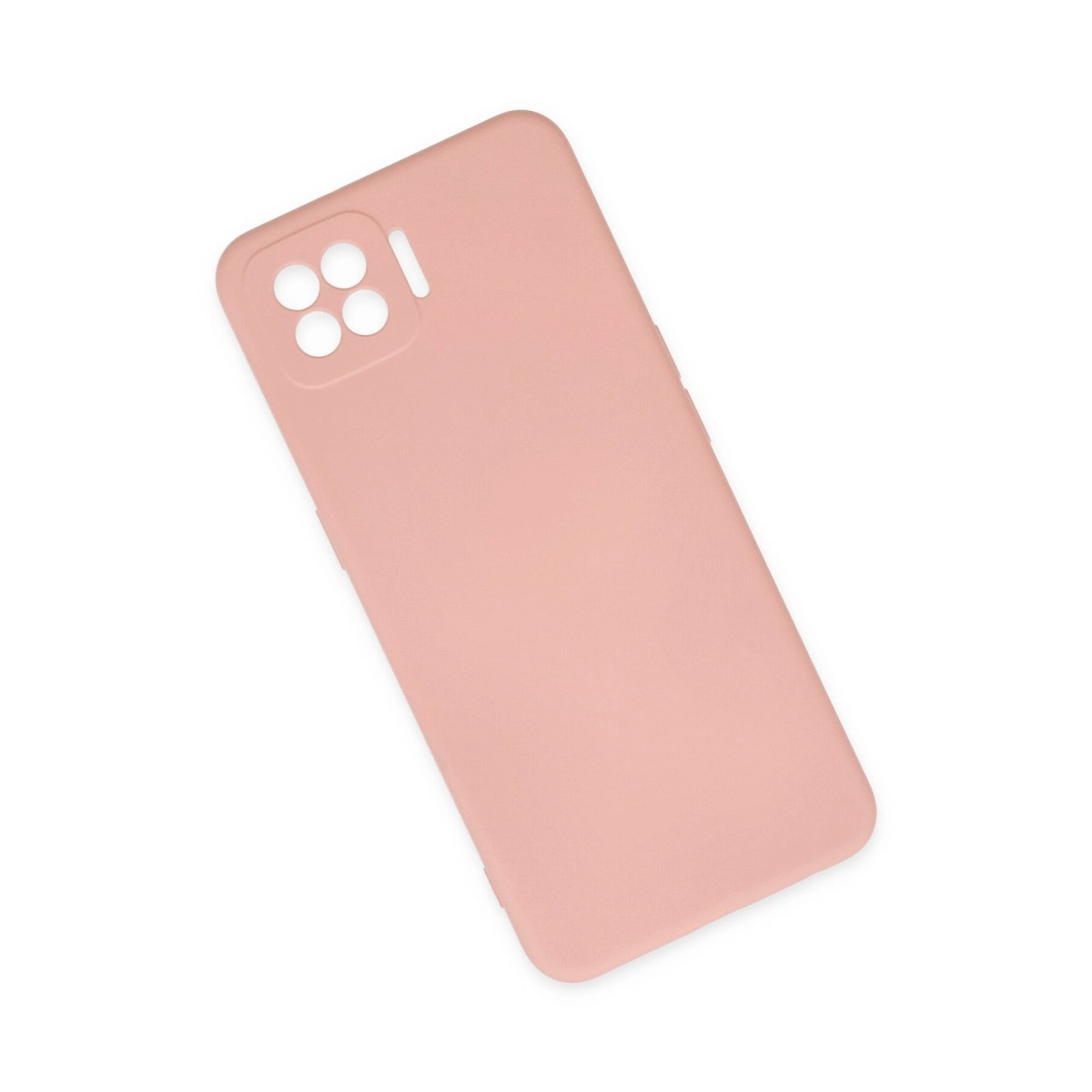 Beyaz zeminde, dikdörtgen kamera kesimli açık pembe telefon kılıfı.