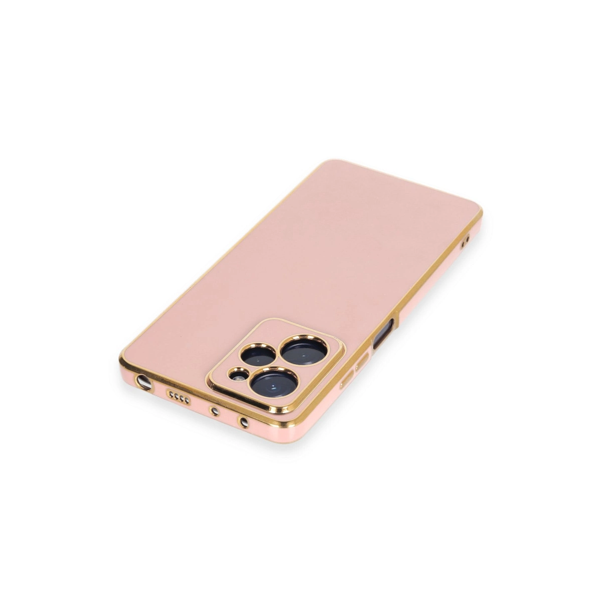 Altın kenarlıklı ve kamera yuvalı gül altın rengi telefon kılıfı.