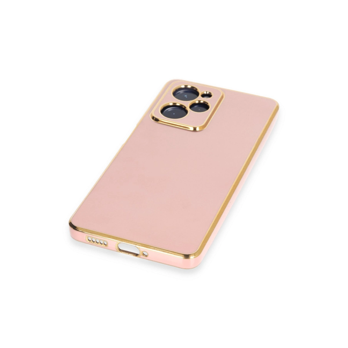 Altın kenarlı ve kamera lensli pembe telefon kılıfı.