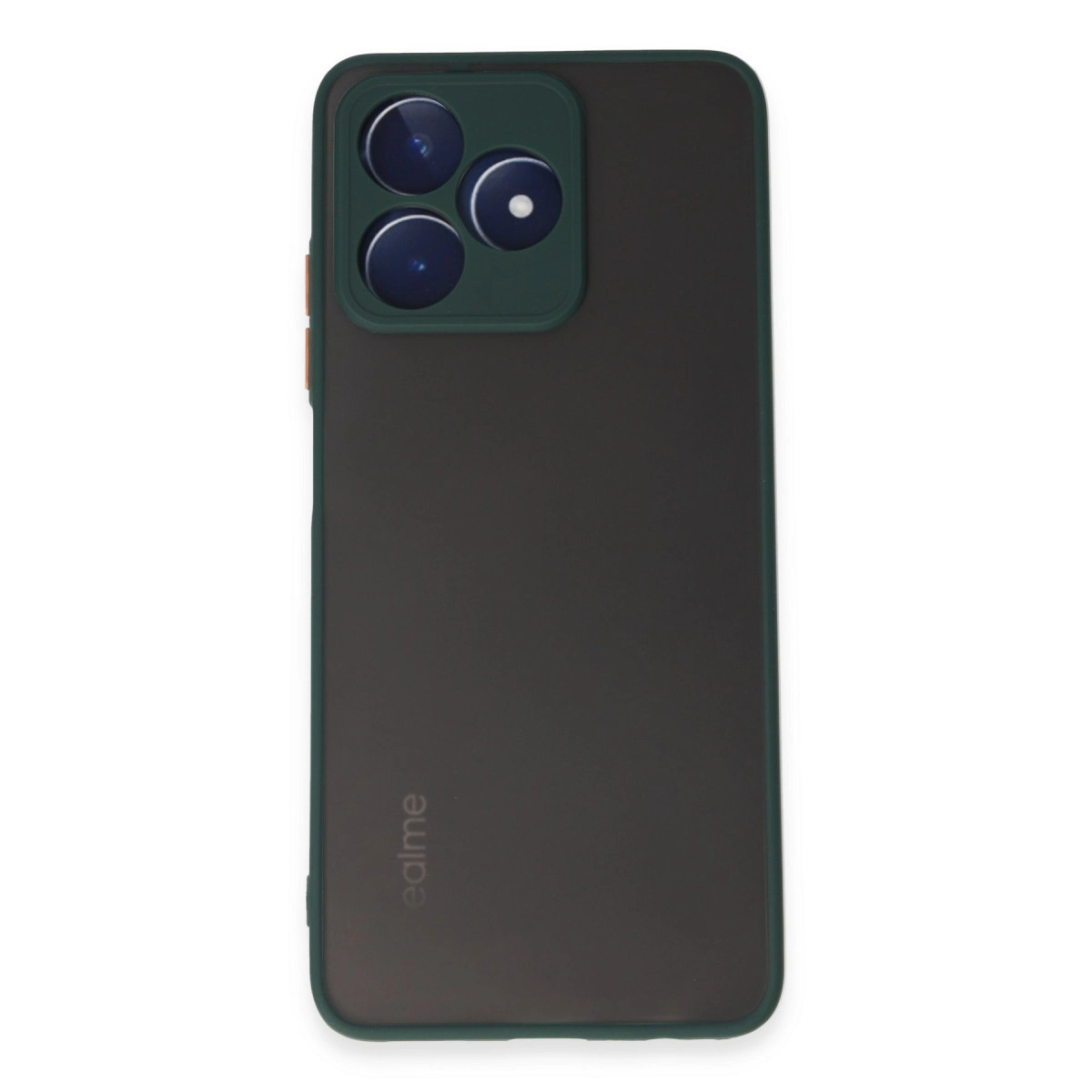 Koyu yeşil kamera yuvası ve üç lense sahip koyu gri telefon.