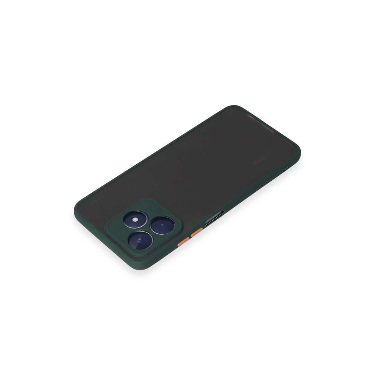 Üç kamera lensli ve turuncu düğmeli koyu yeşil telefon kılıfı.