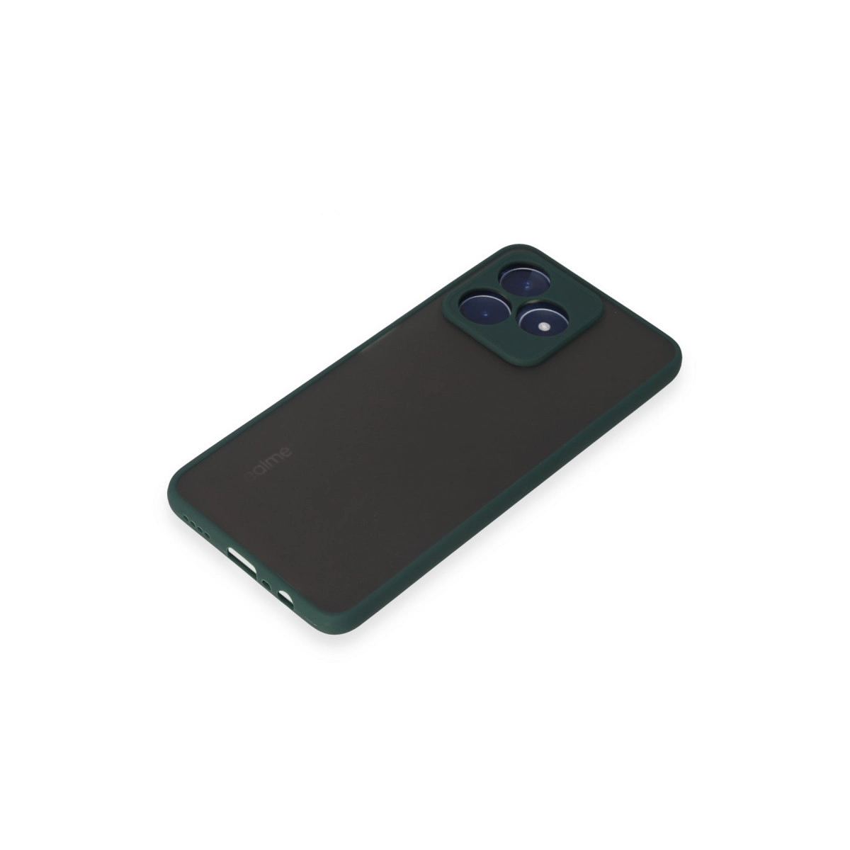 Yeşil kamera kapağı ve kenarlıklı koyu gri telefon, Realme logosu görünüyor.