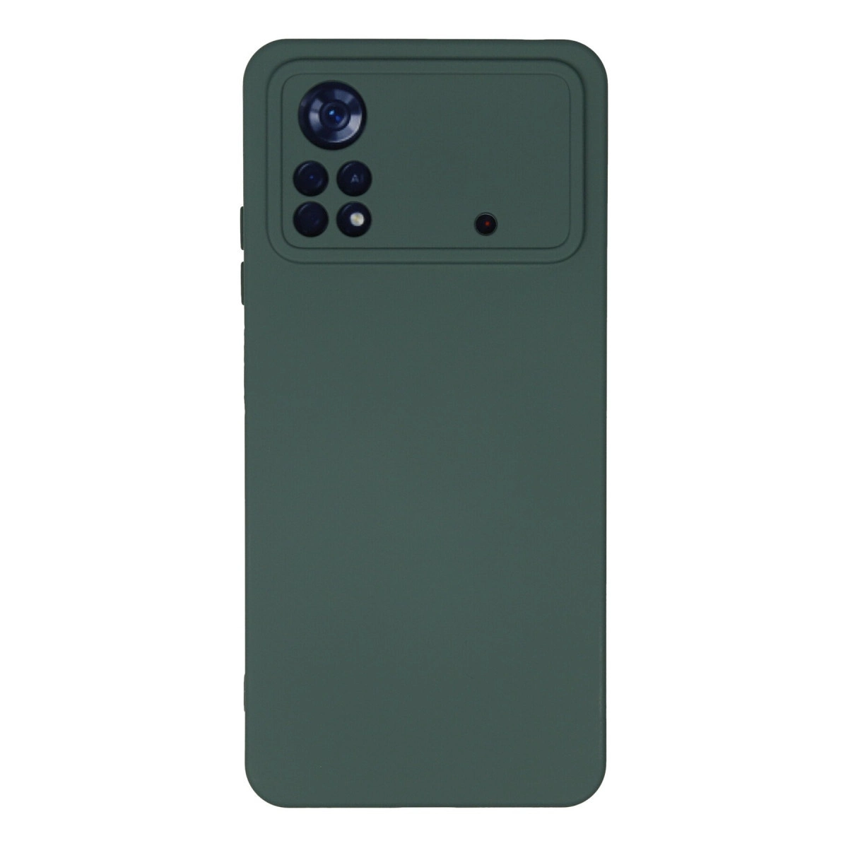 Kamera modülü ve flaşlı koyu yeşil telefon kılıfı.