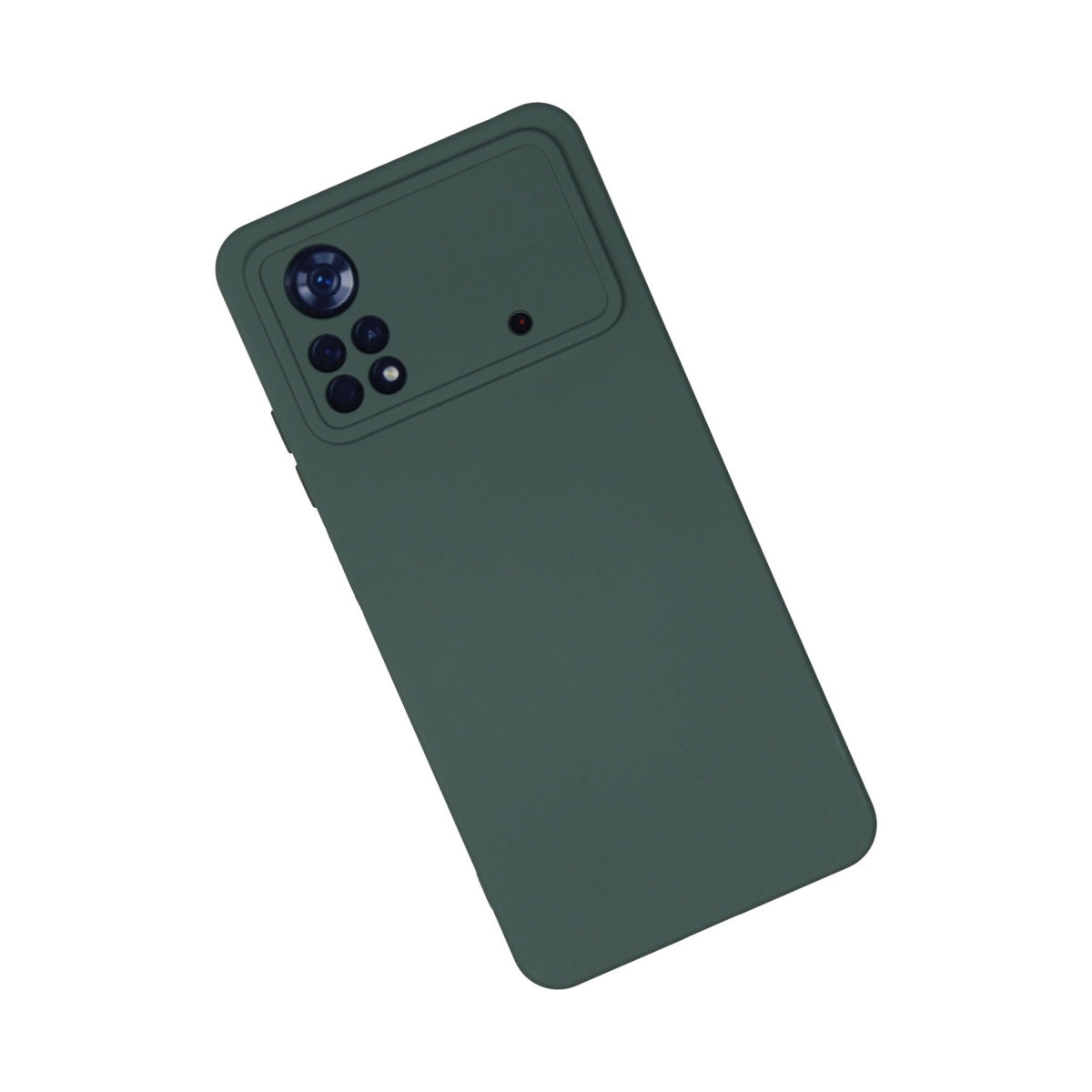 Kamera modülü ve flaşlı koyu yeşil telefon kılıfı, beyaz arka plan üzerinde.