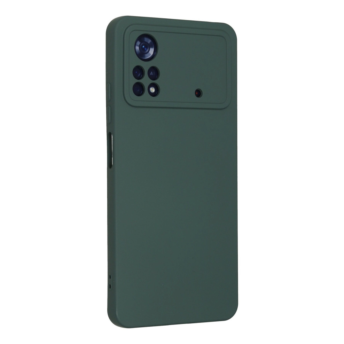 Kamera modüllü ve kesikli koyu yeşil telefon kılıfı.