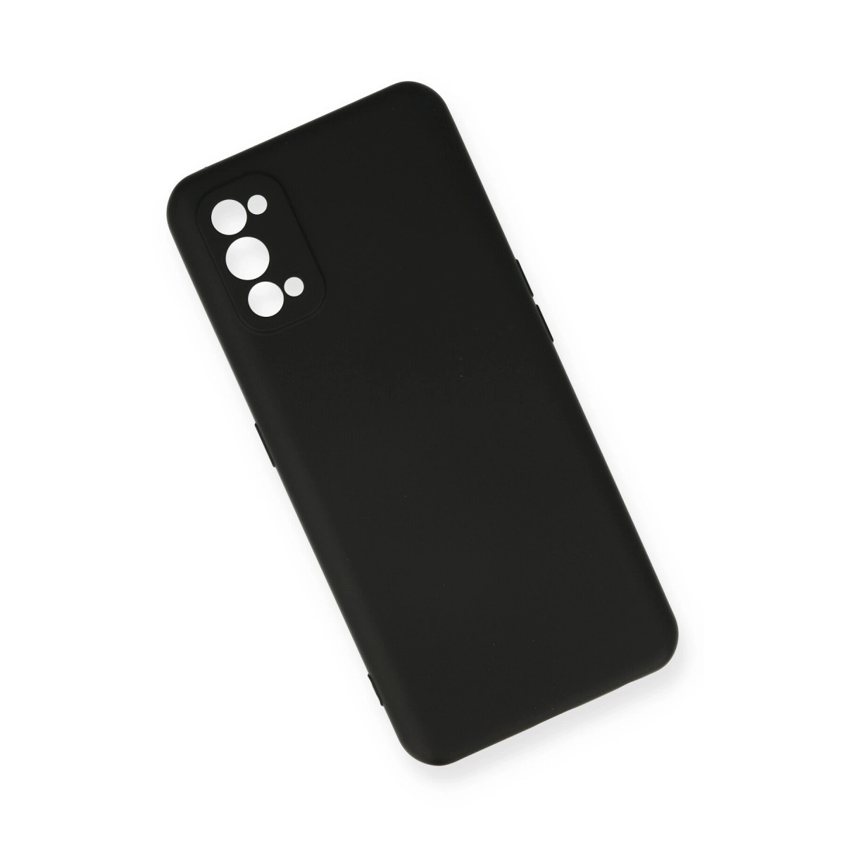 Yuvarlak kesikli, dikdörtgen kamera modüllü siyah telefon kılıfı.