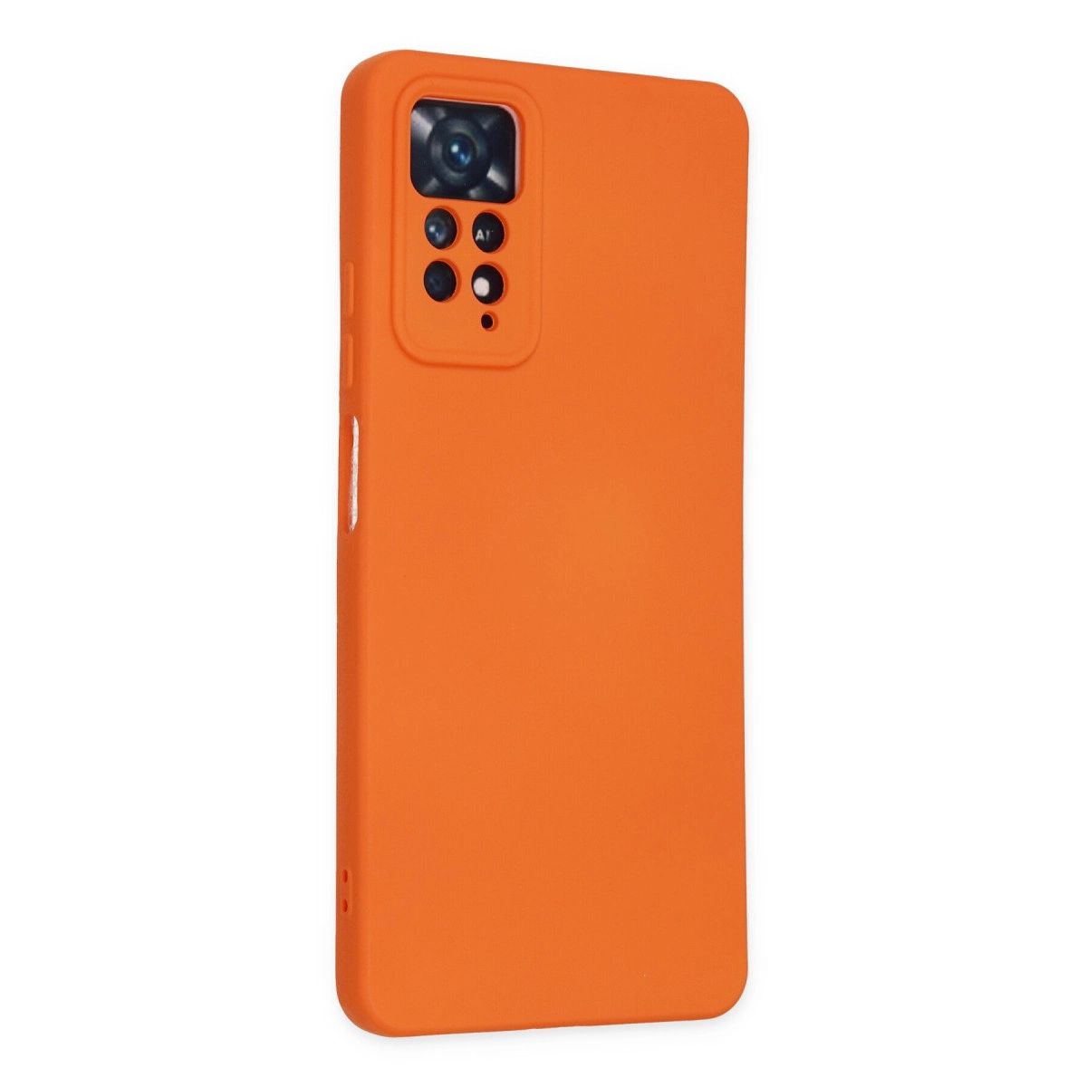 Dört lensli kamera modülüne sahip turuncu bir telefon kılıfı.