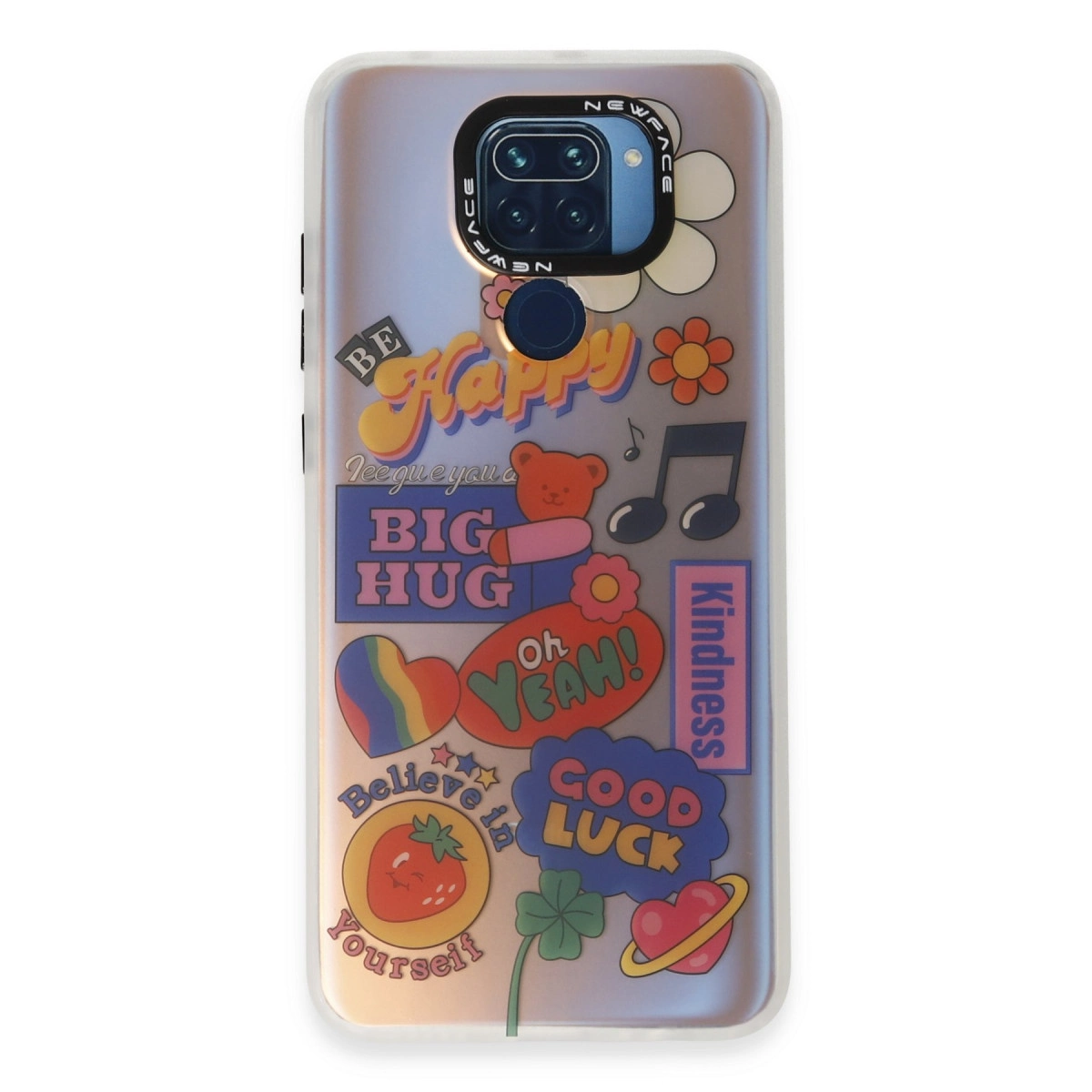 Renkli çıkartmalarla süslenmiş telefon kılıfı: 'Be Happy', kalp, yonca.