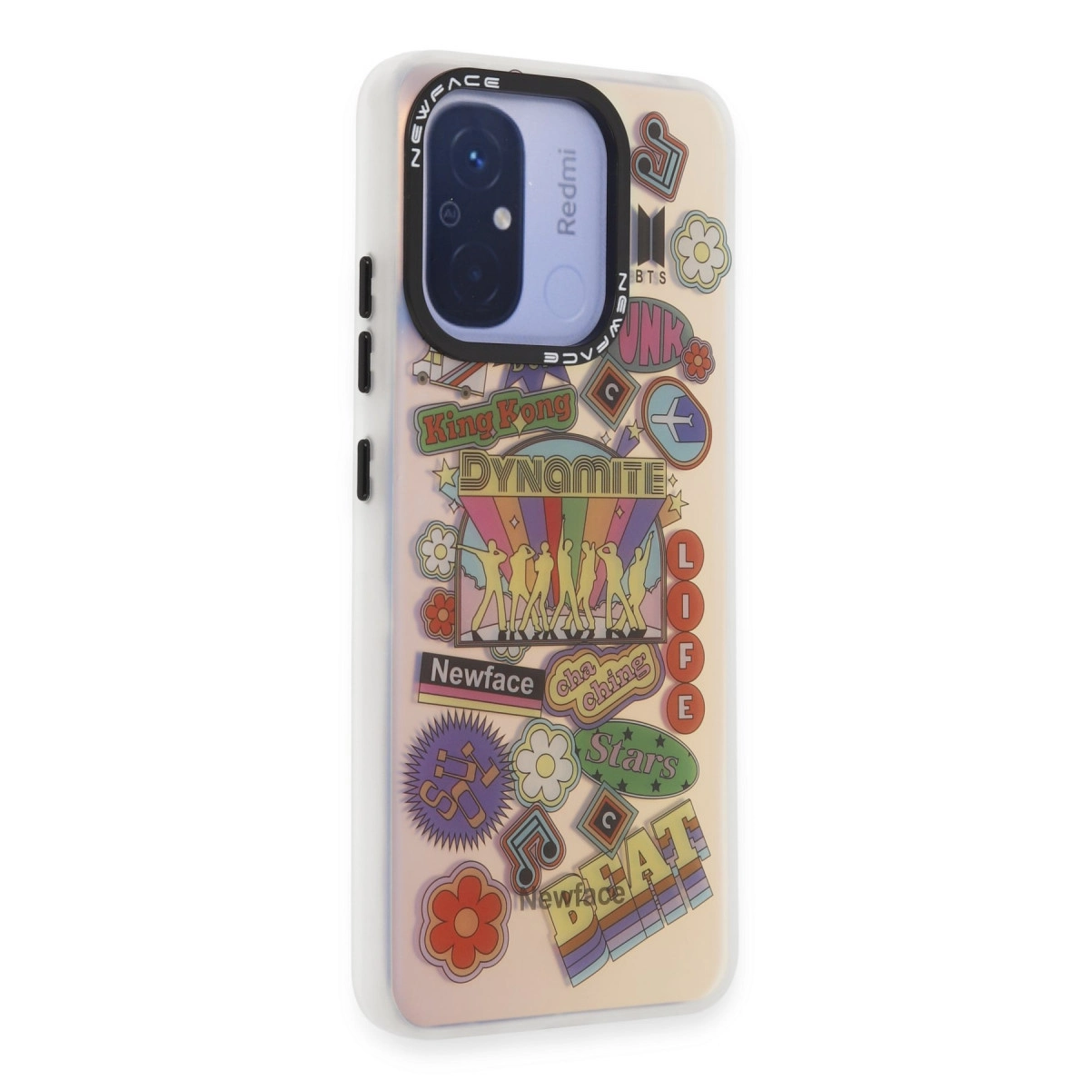 BTS motifli, gökkuşağı ve yıldız desenli telefon kılıfı.