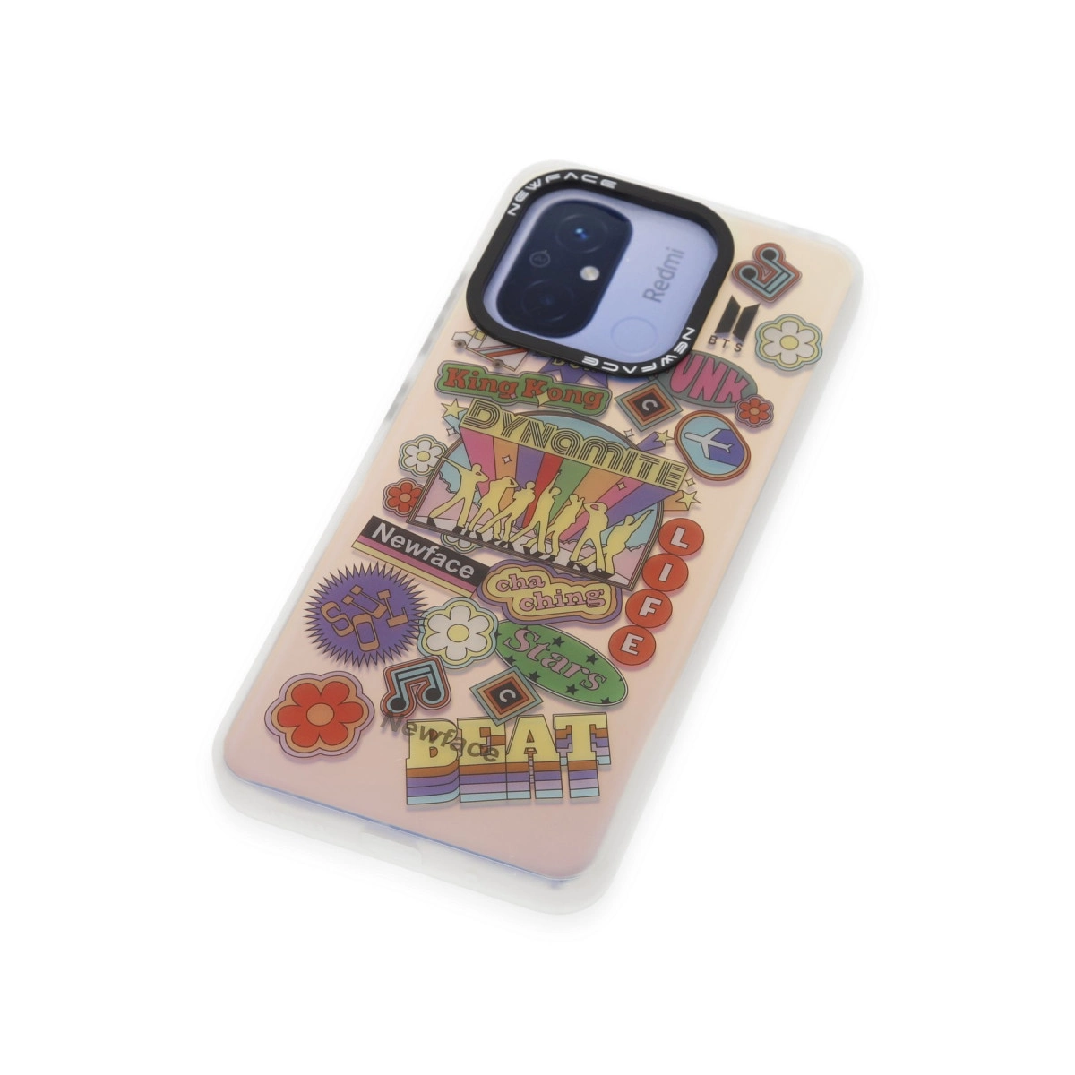 Telefon kılıfı "Dynamite" BTS motifleri, figürler ve yıldızlar.