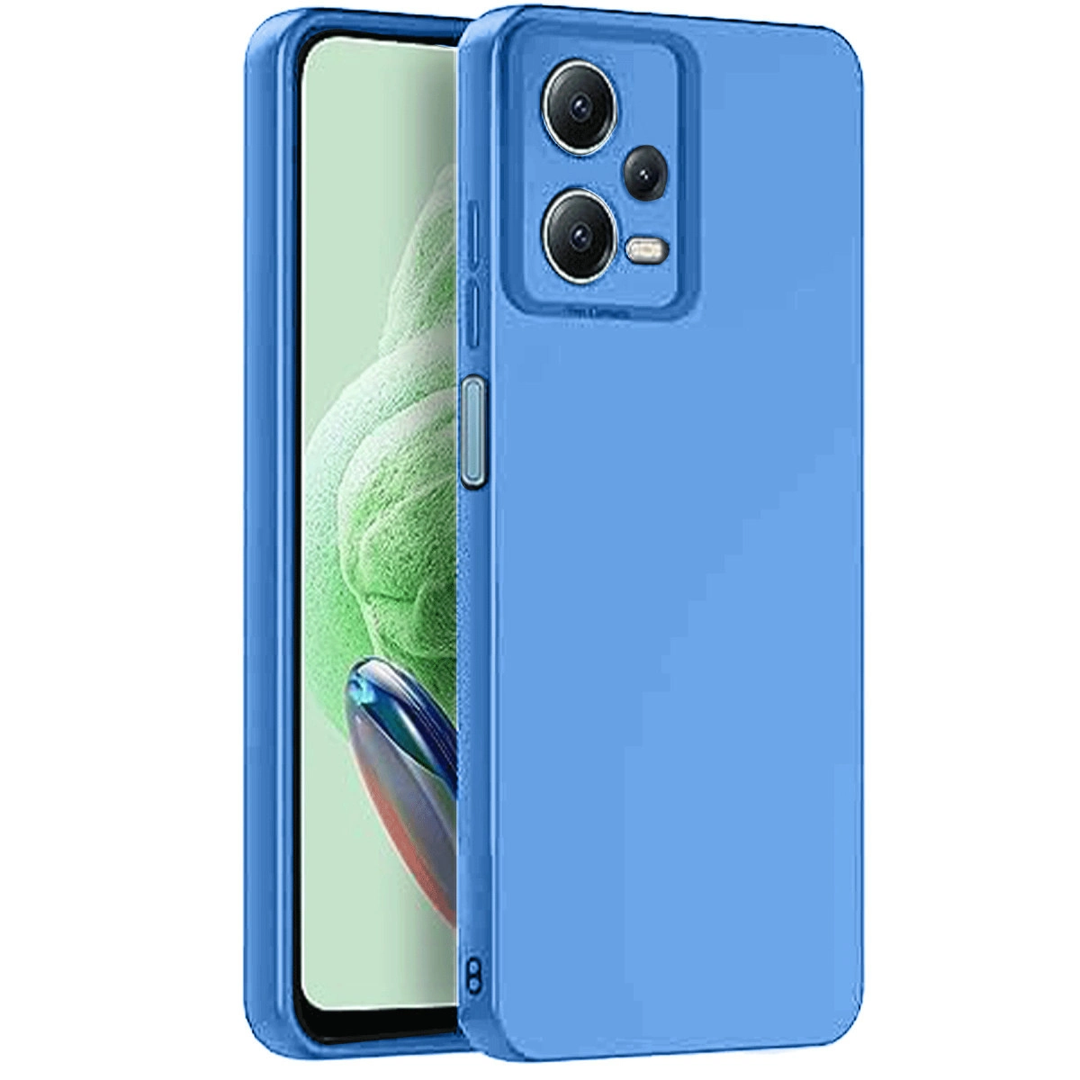 Arkada kamera ünitesi olan mavi bir telefon beyaz arka planda.