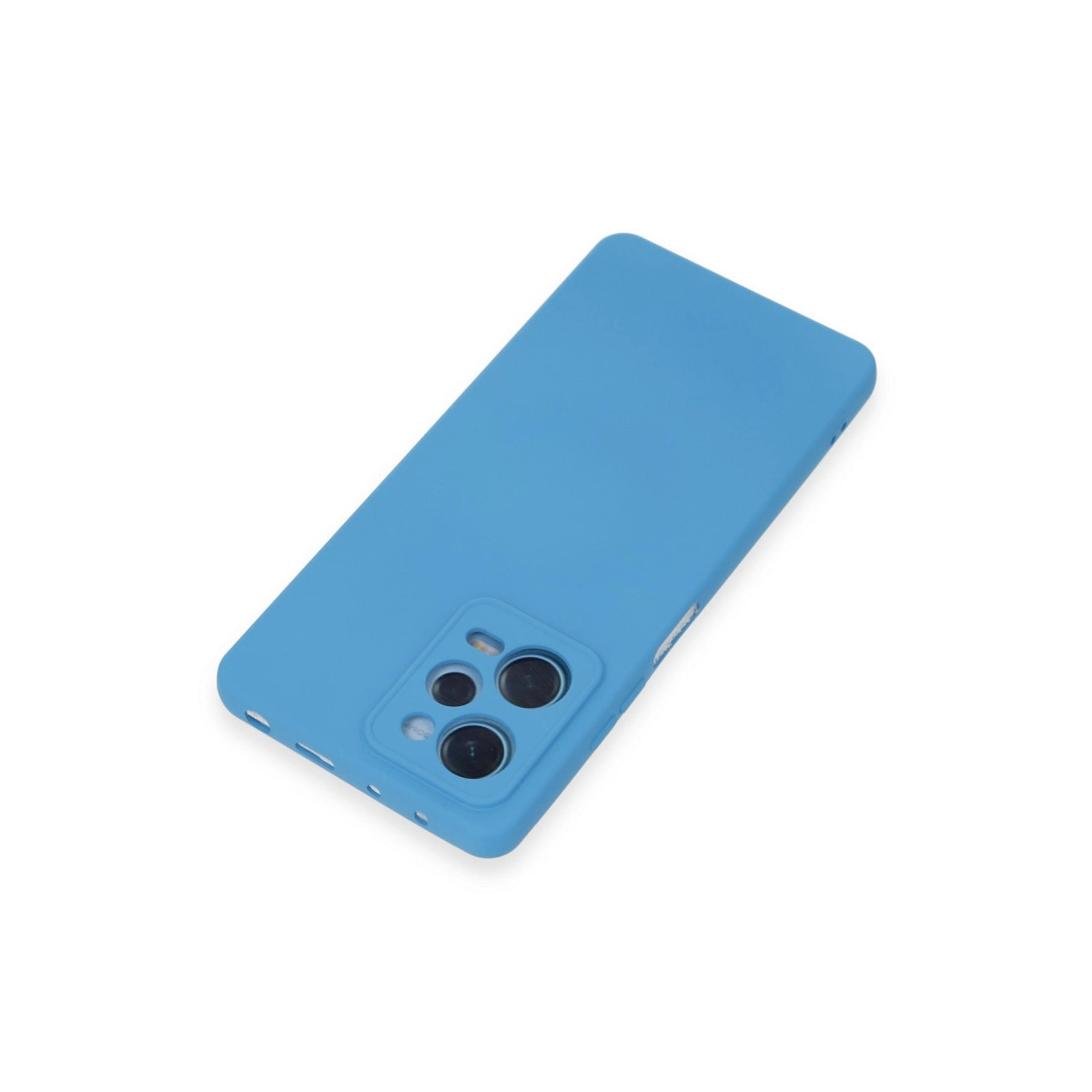 Beyaz arka plan üzerinde kamera kesimli mavi telefon kılıfı.
