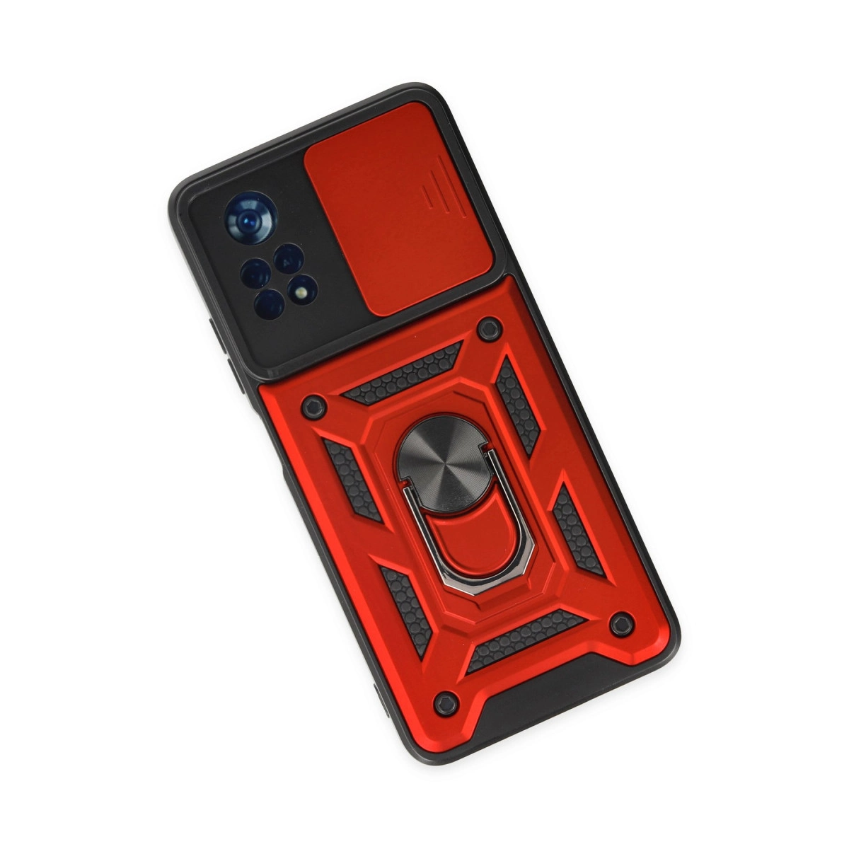 Kamera kapaklı ve halka tutuculu kırmızı ve siyah telefon kılıfı.
