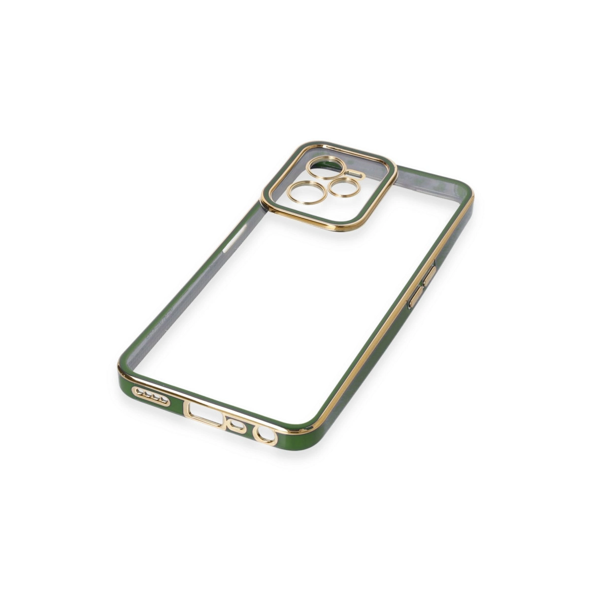Altın kenarlı yeşil telefon kılıfı, şeffaf, kamera korumalı.