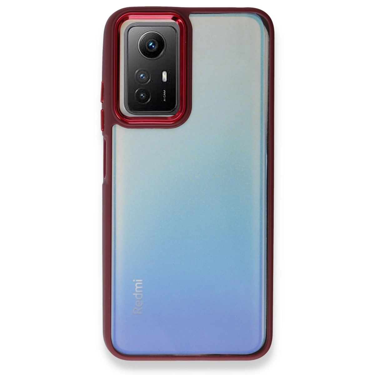 Kırmızı çerçeveli, arkası mavi-beyaz geçişli bir telefon.