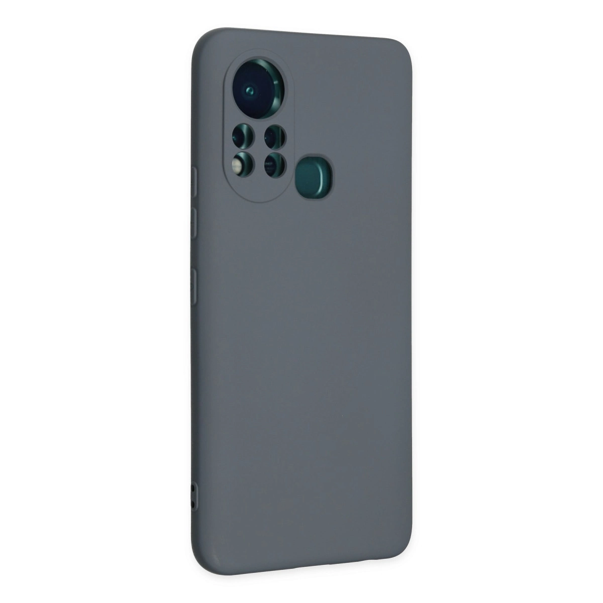 Kamera modülü ve kesikleri olan gri telefon kılıfı, beyaz zeminde.