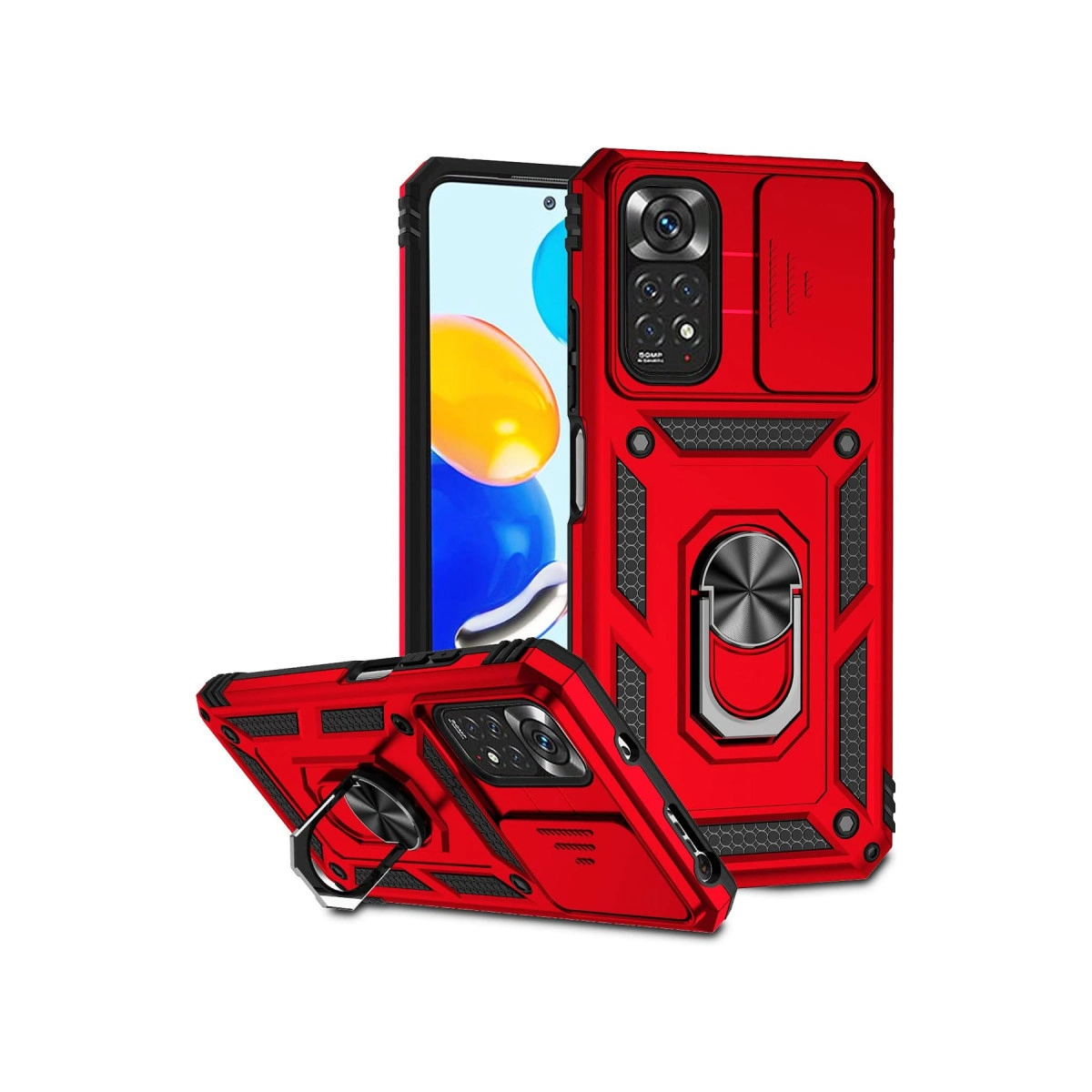 Kırmızı telefon kılıfları, halka tutucu ve kamera kapağı beyaz arka planda.