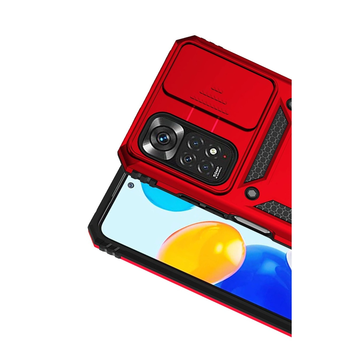 Kaydırıcılı kamera kapaklı ve siyah çerçeveli kırmızı telefon kılıfı.