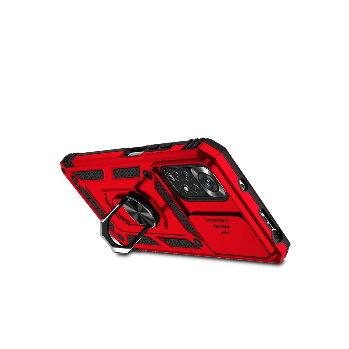 Kırmızı telefon kılıfı, halka tutucu ve kamera modülü beyaz arka planda.