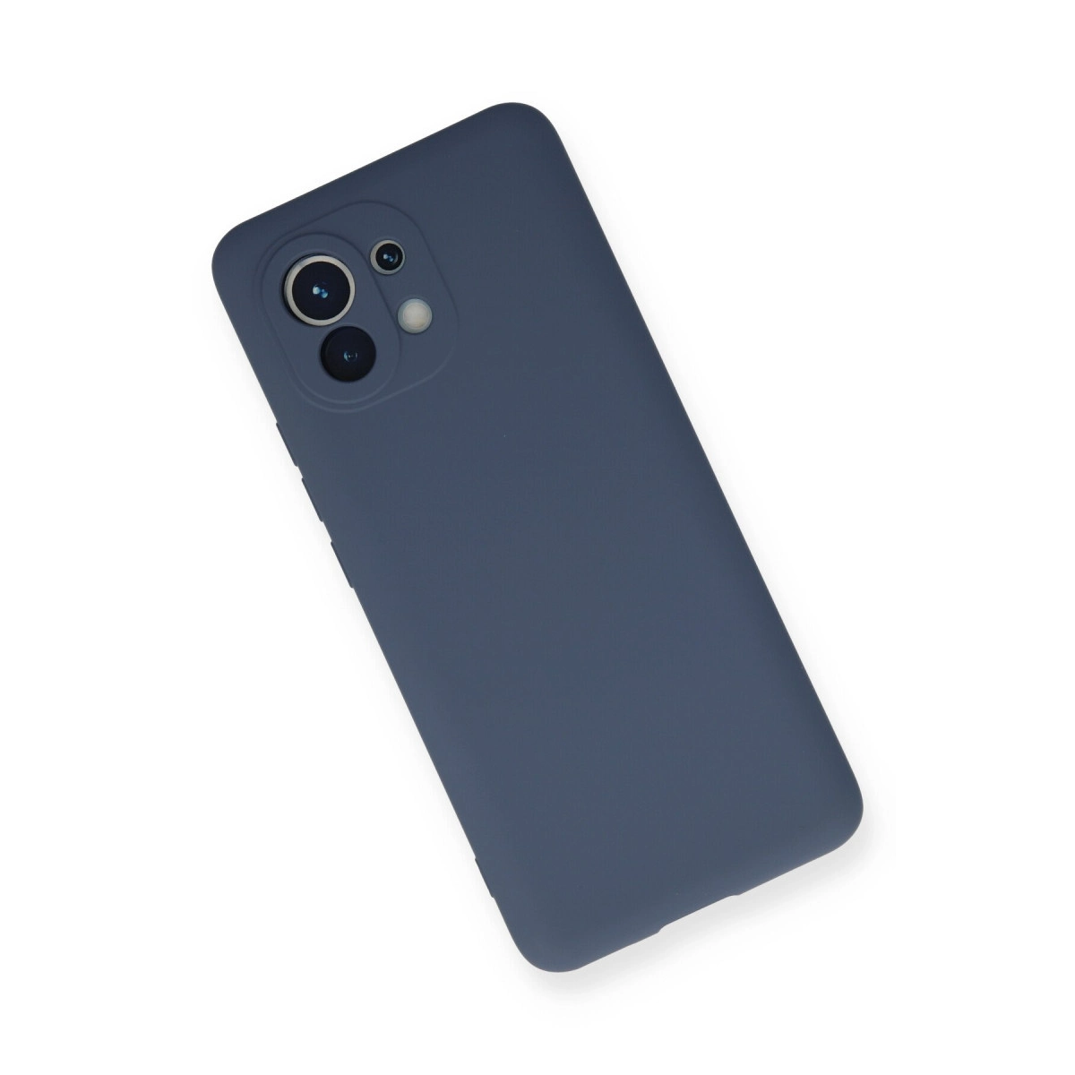 Kamera modüllü lacivert telefon kılıfı, beyaz zeminde yatıyor.