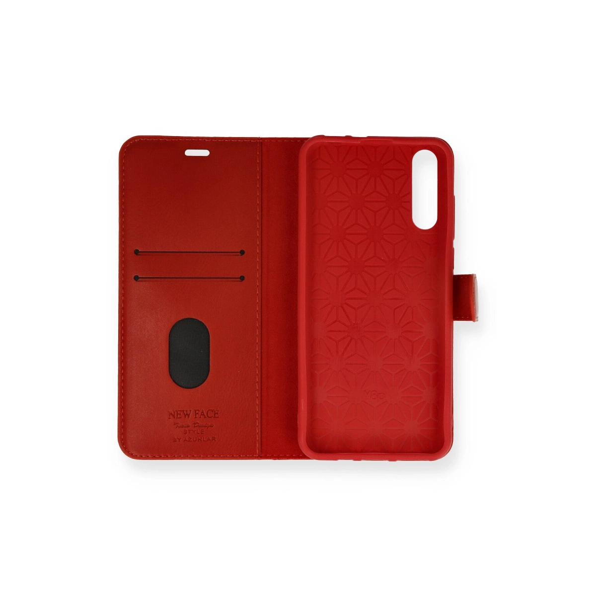 Kart yuvalı açık kırmızı deri telefon kılıfı ve telefon tutucu.