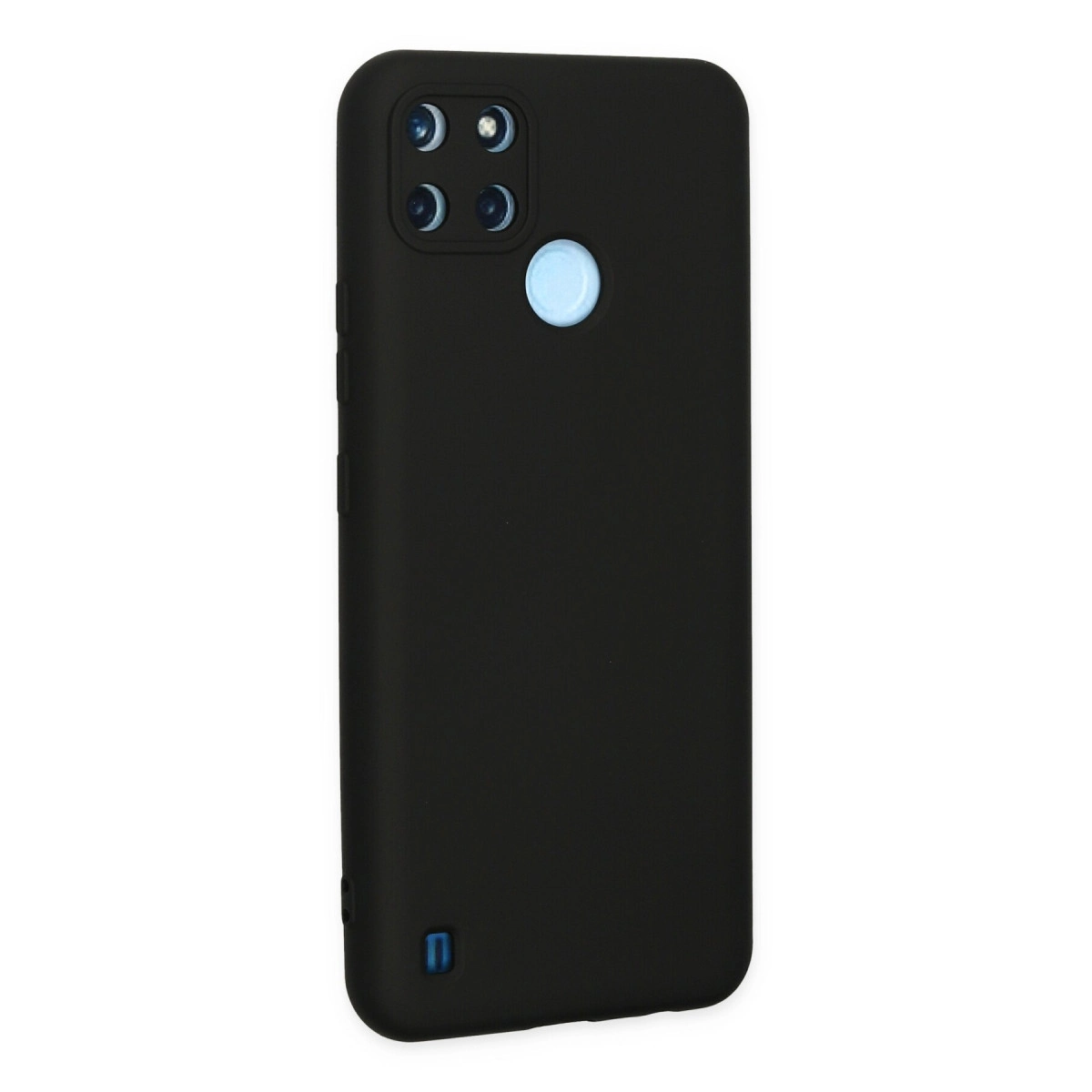 Dört kamera lensli ve açık mavi parmak izi sensörlü siyah telefon kılıfı.