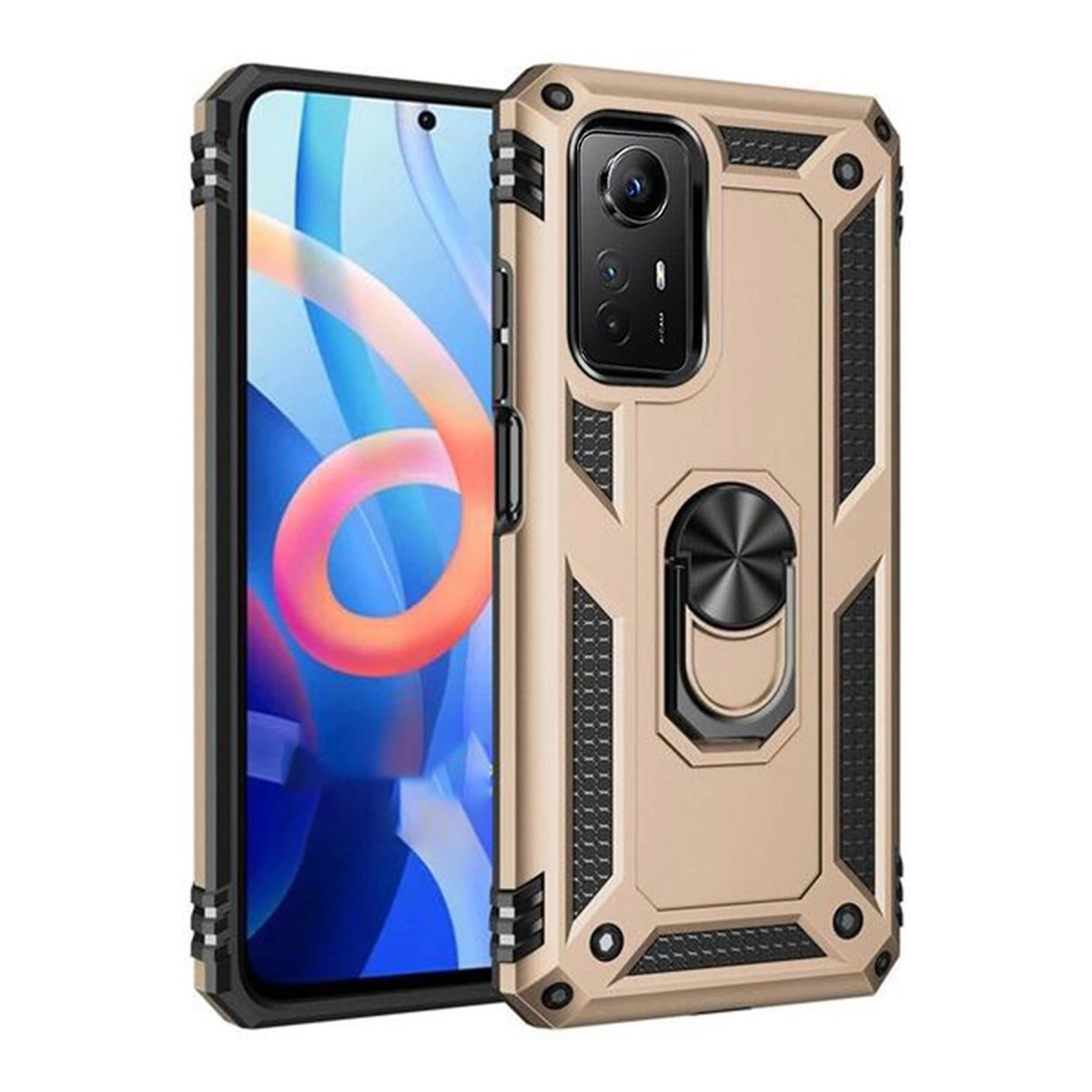 Altın rengi telefon, sağlam kılıf ve halka tutucu ile, beyaz arka planda.