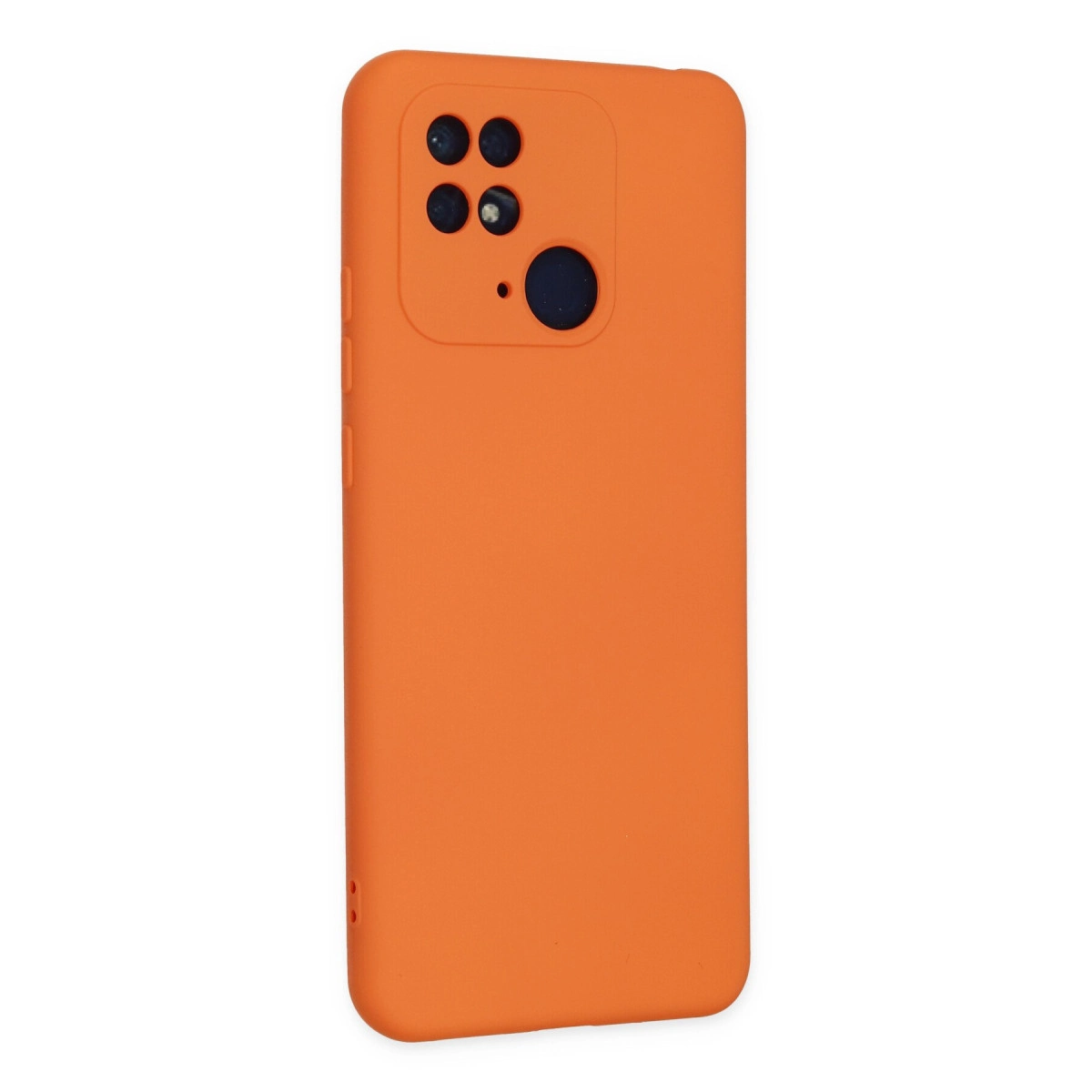 Arkada kare kamera oyuntulu turuncu telefon kılıfı.