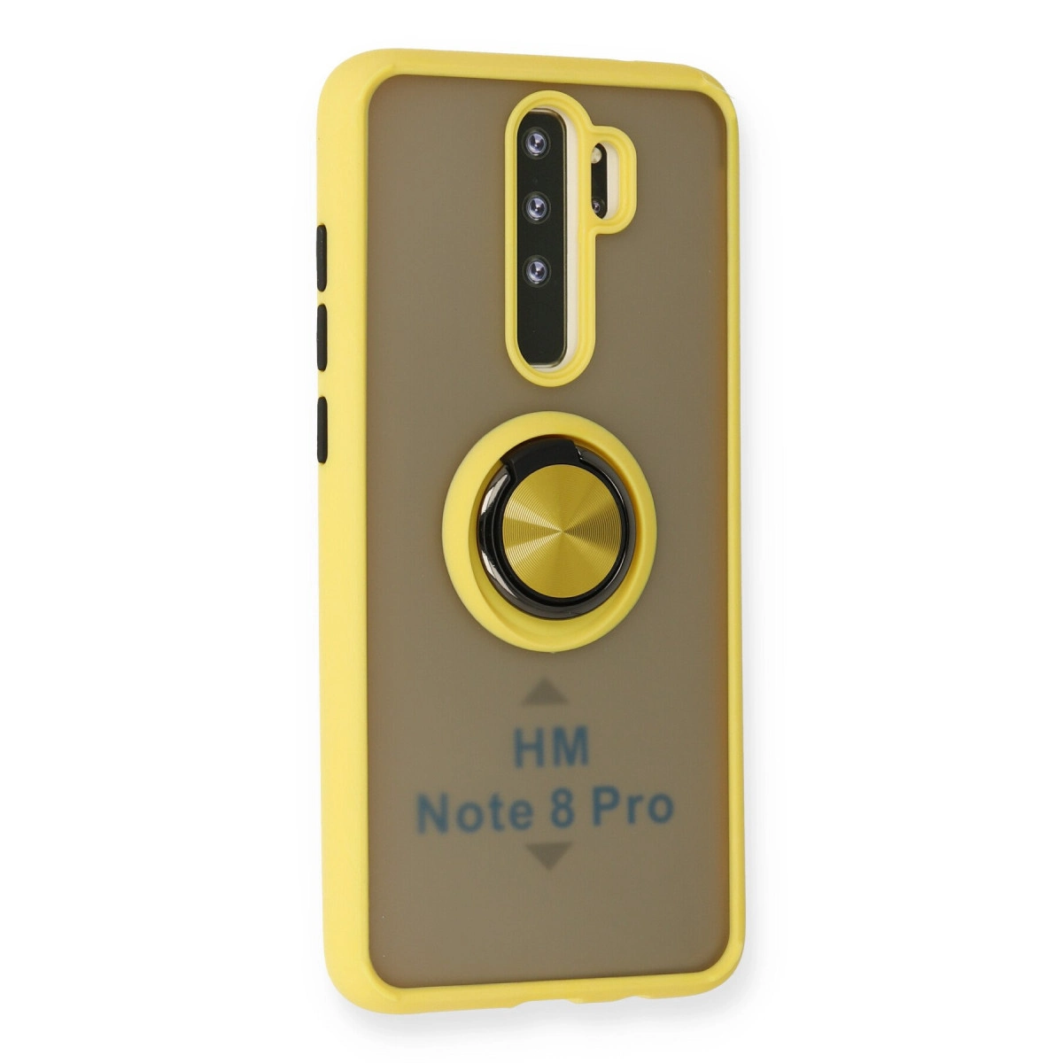 Kamera ve halka tutuculu sarı telefon kılıfı, Note 8 Pro için.
