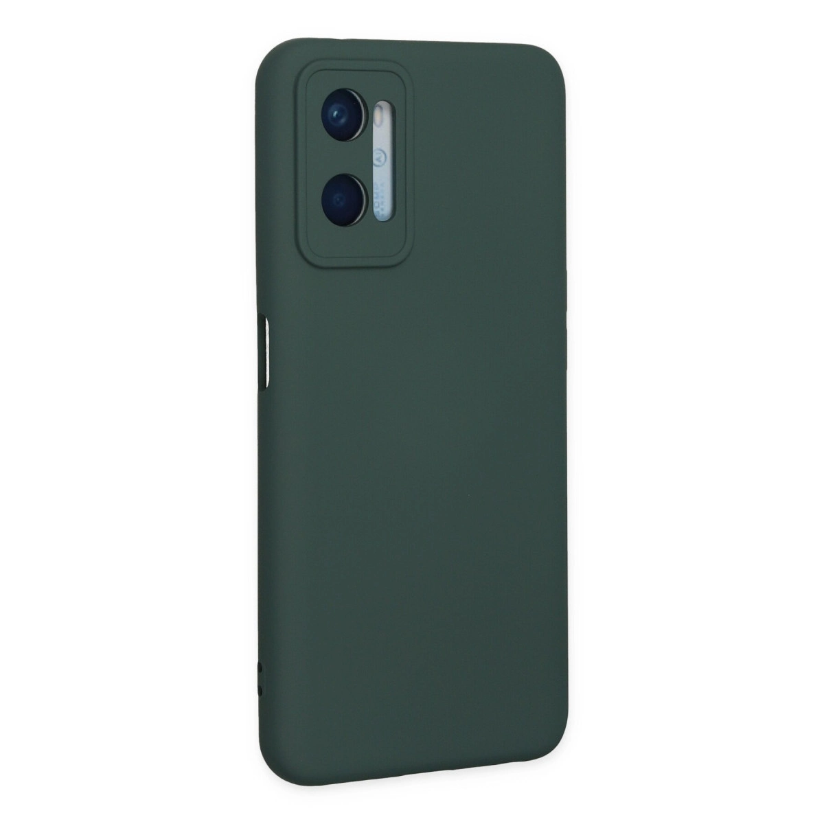 Dikey çift arka kameraya sahip koyu yeşil telefon kılıfı.