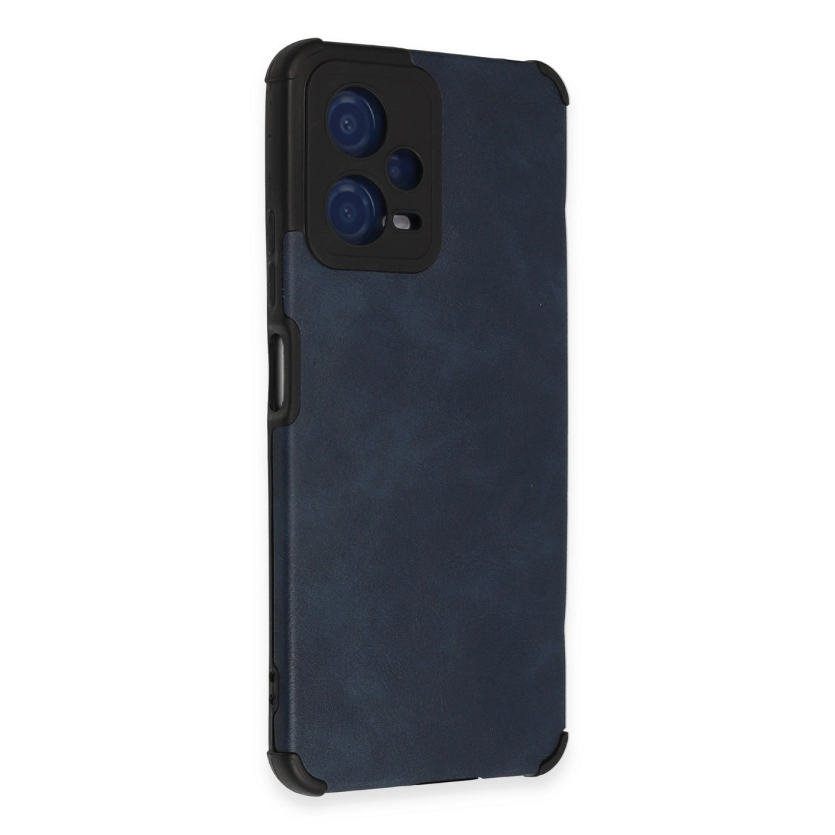 Üç lensli, siyah kamera çerçeveli lacivert telefon kılıfı.