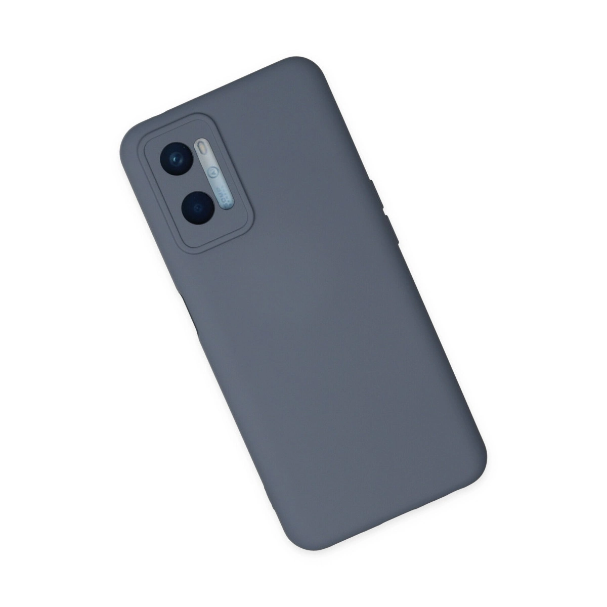 Kamera kesimli gri telefon kılıfı, beyaz arka planda.