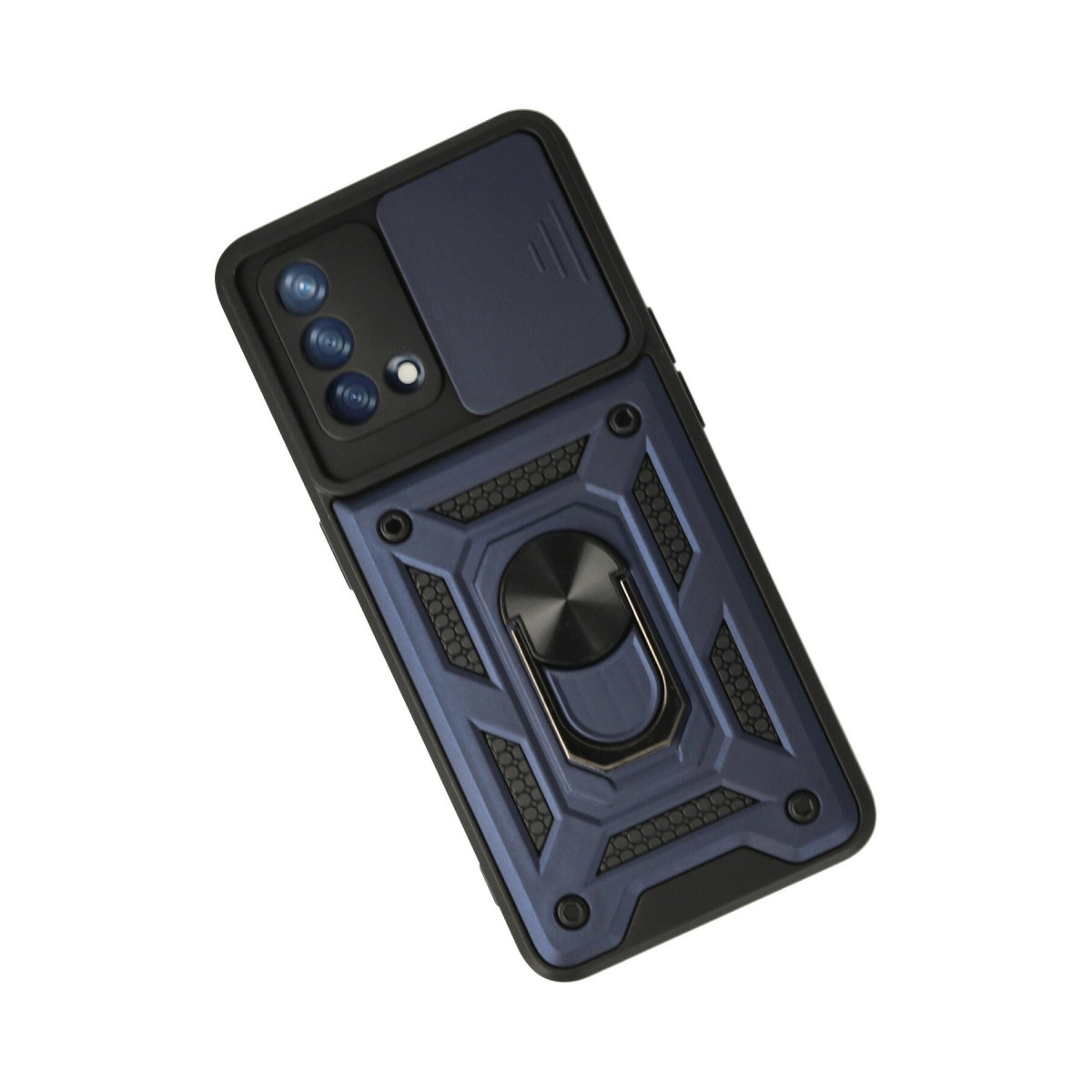Kamera kapaklı ve halka tutuculu lacivert telefon kılıfı.