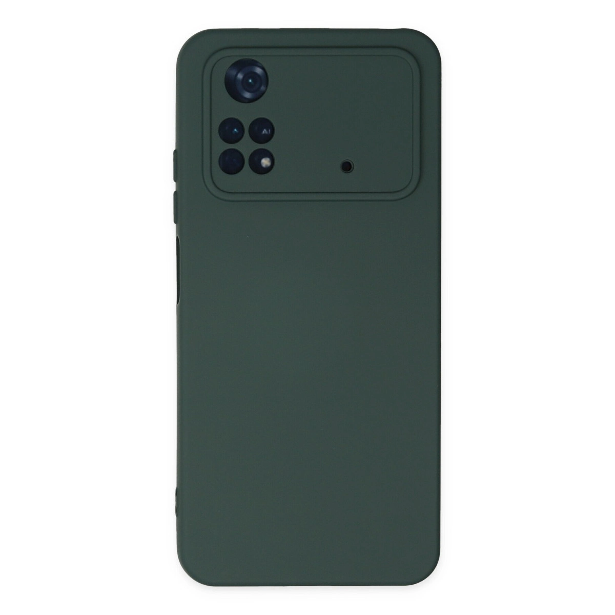 Dört lens ve flaş barındıran dikdörtgen kamera modülüne sahip koyu yeşil telefon kılıfı.