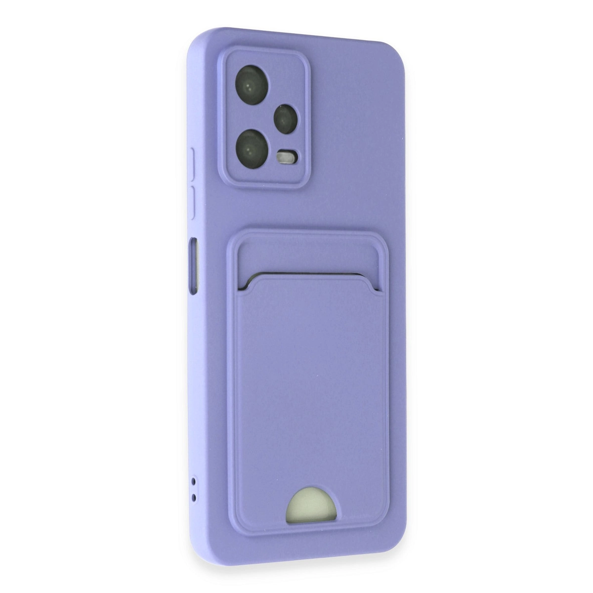 Kart yuvalı ve kamera kesimli mor telefon kılıfı.