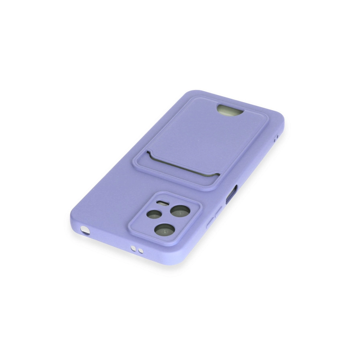 Kart yuvalı ve kamera kesimli mor telefon kılıfı.