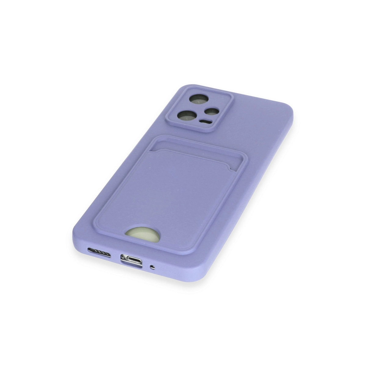 Kart tutuculu ve kamera kesimli mor telefon kılıfı.
