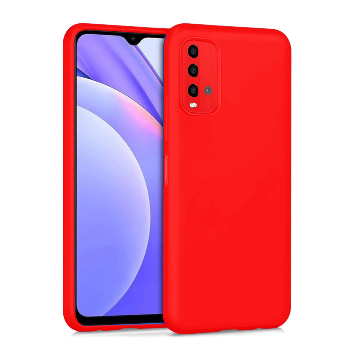 Kamera oyuntulu kırmızı telefon kılıfı ve beyaz arka planda mor ekran.