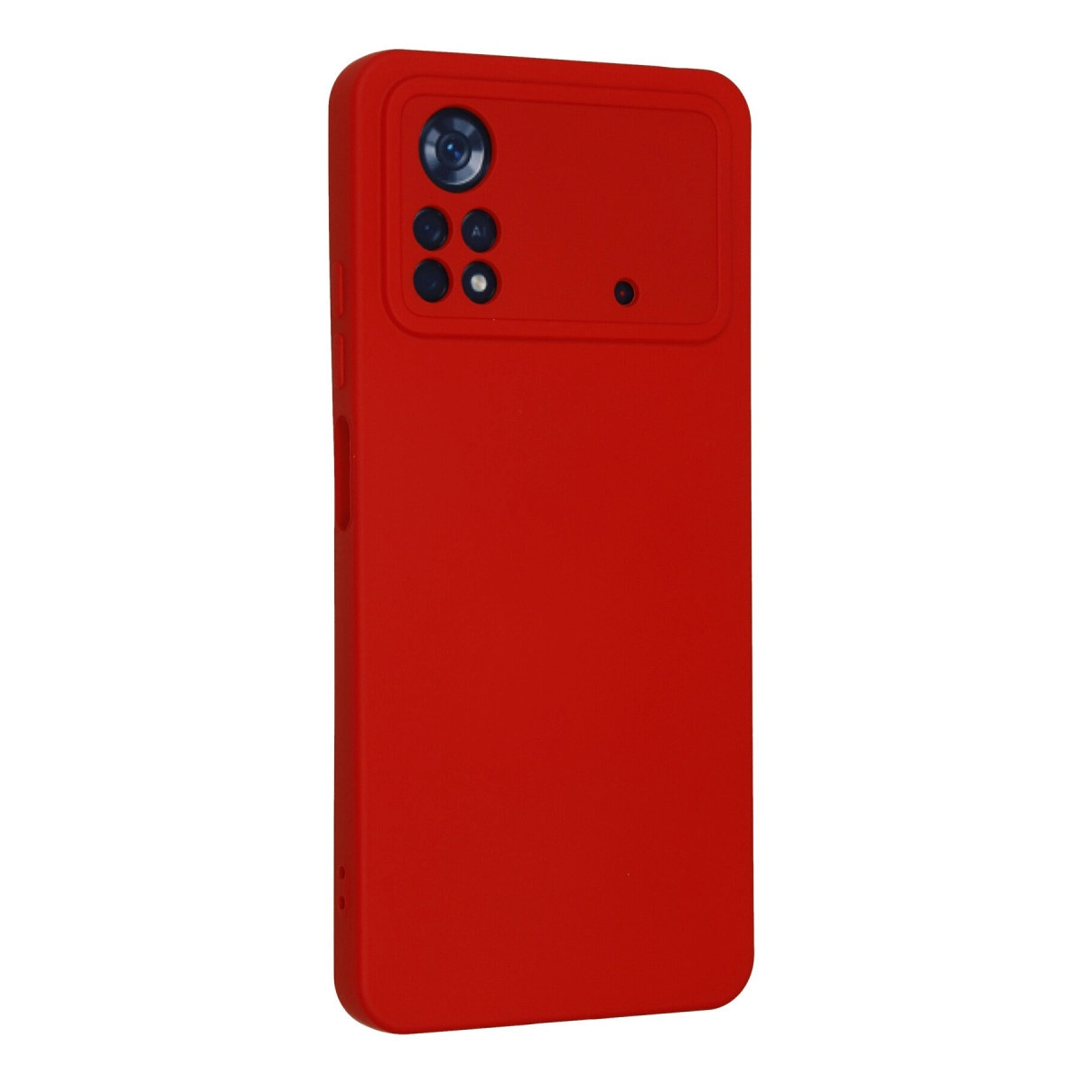 Dört lensli kamera modülüne sahip kırmızı telefon kılıfı.
